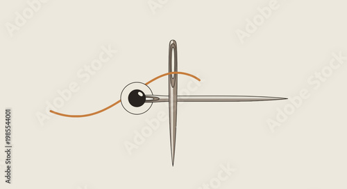 Needle with thread passing through the eye a sewing art illustration in beige silver and tan crafting creativity and design element.