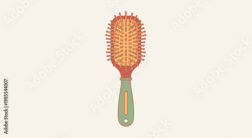Oval hairbrush with gold bristles for personal grooming featuring a green handle against a light beige background in a vector style design