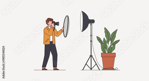Photographer taking a photo of a potted plant in a studio with softbox lighting; clean simple illustration style natural lighting
