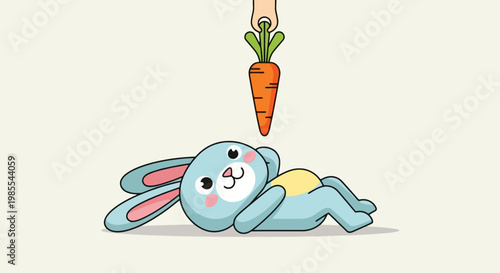 Relaxed light blue cartoon bunny lying down looks up at a dangling carrot in a funny and cute vector illustration