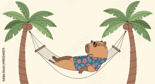 Relaxing capybara in hammock between palm trees wearing sunglasses and Hawaiian shirt in a tropical cartoon style illustration