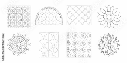Collection of architectural and floral designs in black and white sketches