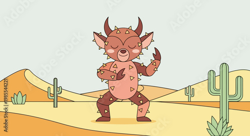 Spiky cartoon desert creature with horns dancing joyfully amidst cacti and sand dunes in a flat vector art style