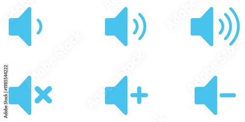 Speaker volume vector icon set with sound level and mute symbols, audio control elements isolated on white background.
