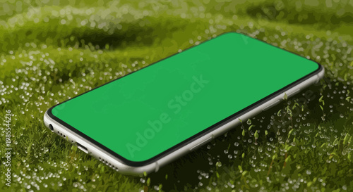 Smartphone with green screen laying on vibrant green grass covered with dew drops in an eye-catching cartoon style illustration