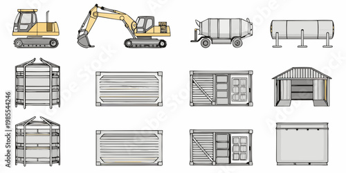 Blueprint style illustration of construction vehicles and storage structures