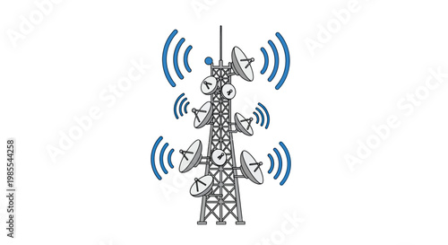 Illustration of a cellular tower with multiple satellite dishes transmitting signals