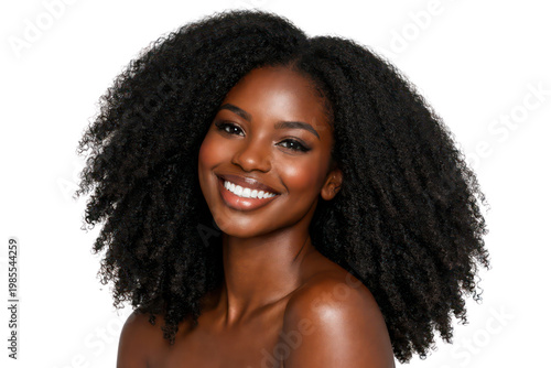 Natural afro hairstyle portrait of smiling Black woman, beauty skincare concept, radiant face and curly hair texture isolated on Transparent Background
