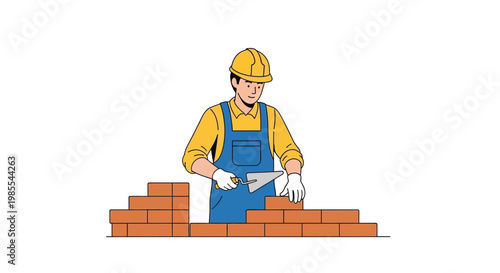 Construction worker laying bricks with a trowel in a colorful illustration