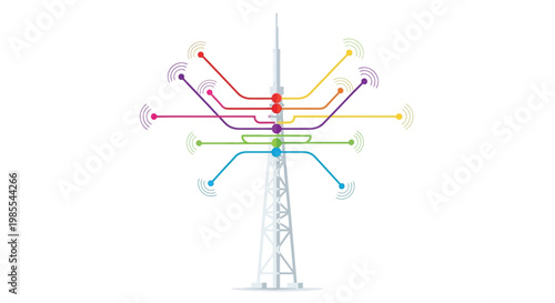 Colorful depiction of a communication tower with radiating signal connections