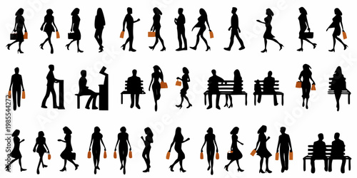 Silhouettes of people many carrying shopping bags in a city scene