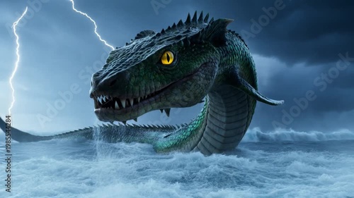 Ancient myth creature sea serpent rising from stormy ocean