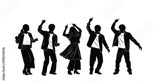 Silhouettes of people dancing and celebrating with arms raised high
