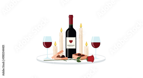 Romantic dinner setting with wine chocolates and a single red rose