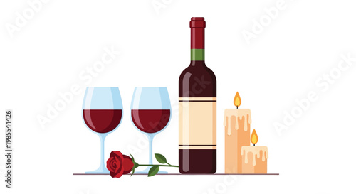 Romantic dinner setting with wine glasses rose and lit candles