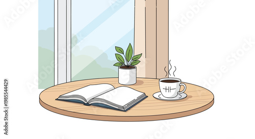 A cozy scene featuring a book coffee and plant on a table