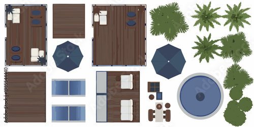 Top down view of resort elements including pools trees and lounge areas