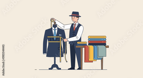 Tailor measures a bespoke suit with measuring tape in a tailor shop vector illustration; menswear fashion design and apparel concept