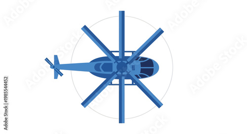 Aerial view of a blue helicopter with rotating rotor blades