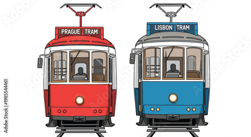 Illustrative depiction of prague and lisbon trams facing forward on tracks