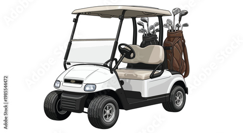 A white golf cart with a full set of clubs in the back