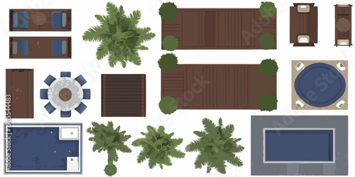 Aerial view illustration of outdoor furniture and landscaping elements