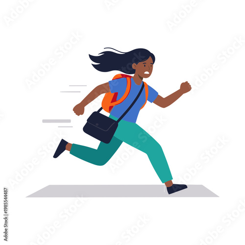 A woman wearing a blue shirt and green pants runs quickly outdoors.