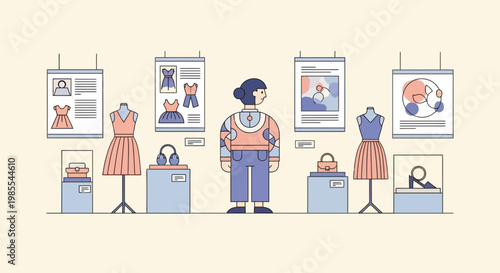 Woman admiring fashion exhibits at museum showcasing dresses accessories and art in a minimalist vector style with muted colors