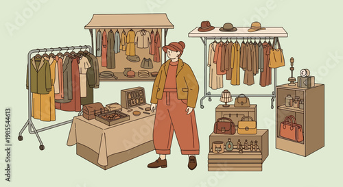 Woman browsing vintage clothing at outdoor market stall with dresses hats and bags in warm neutral tones and minimalist illustration style