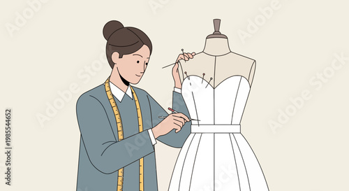 Woman fashion designer working on dress at mannequin with measuring tape and pins in studio line art vector illustration