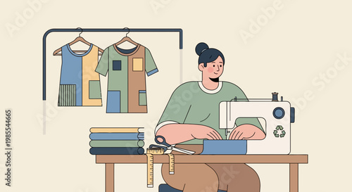 Woman sewing fabric with sewing machine in creative studio with upcycled clothes and stack of textile material in cartoon style