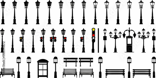 Collection of various street lamps traffic lights benches and urban elements