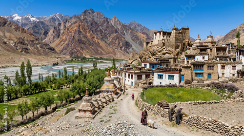 Zangla village with monastery and fields in Zanskar valley landscape