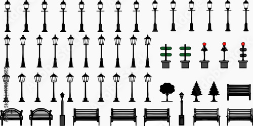 Collection of street lamps benches traffic signals and trees