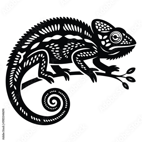 A striking black silhouette of a chameleon perched on a small branch silhouette