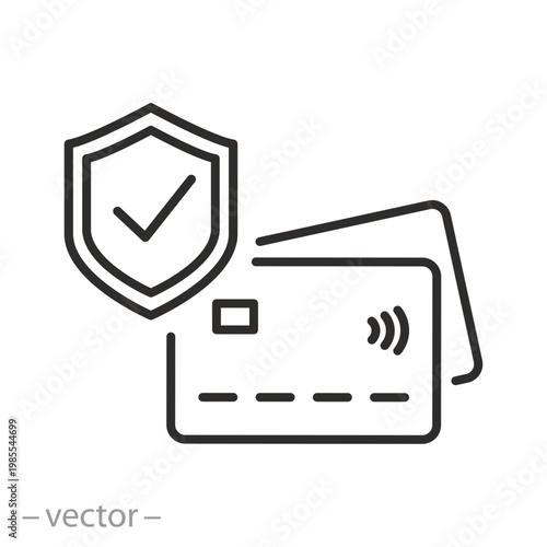 Credit card and shield with check mark, payment safety icon, fintech security, financial protection, thin line symbol on white background - editable stroke vector illustration eps10 