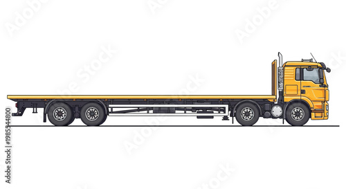 Detailed illustration of a yellow flatbed semi truck in a side profile