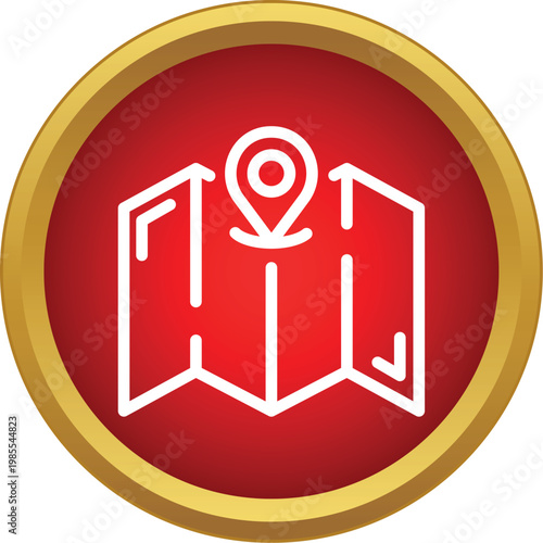 Folded map displaying a pinpoint location marker in a round red and gold button