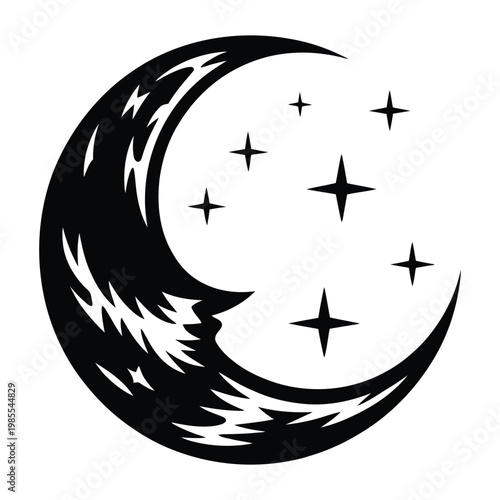 A striking crescent moon design with sparkling stars presented as a dark silhouette