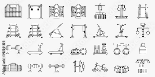 Collection of various black and white line art fitness equipment illustrations