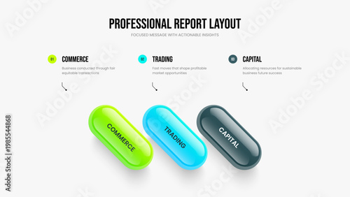 Investor Campaign 3 Step Infographic Slide Design. Project Briefing Three Option Diagram Slideshow Template. Company Report Frame Layout Vector Illustration.