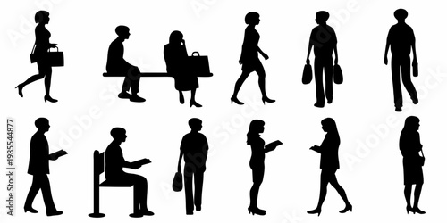 Silhouettes of people walking sitting and standing in a public space