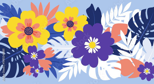 Vibrant Floral Pattern with Tropical Leaves and Flowers in a Colorful Artistic Design