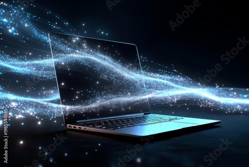 Modern sleek laptop with digital light trails and glowing particles representing high speed data transfer