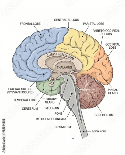 Detailed anatomical cross section of the human brain with labeled regions representing neurological science