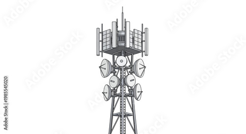 Detailed illustration of a modern cellular network communication tower structure