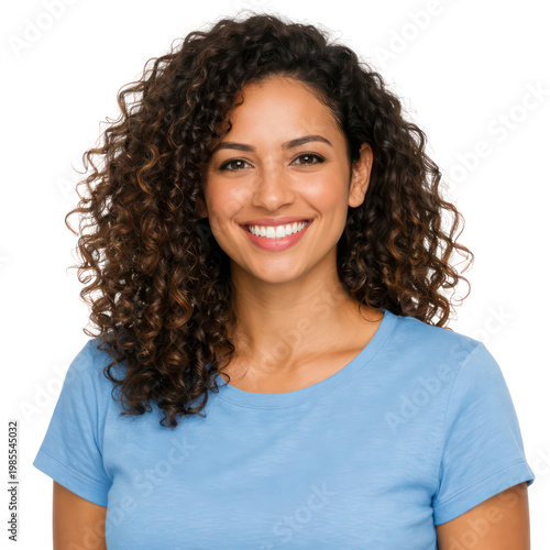 Smiling woman with curly hair, friendly headshot portrait, casual blue t-shirt lifestyle photo for customer service and wellness isolated on Transparent Background