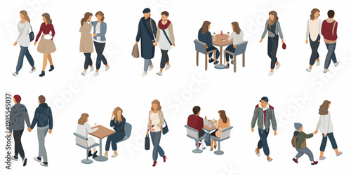 Isometric illustration of people walking and socializing in a public space