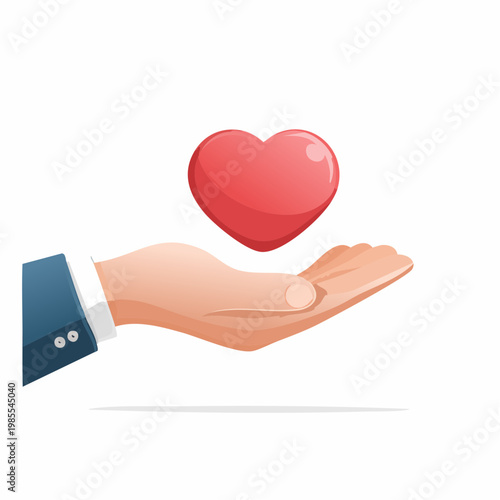 Vector illustration of a hand gently presenting a vibrant red heart, symbolizing love, care, charity, and generosity