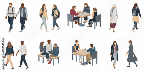 Isometric illustration of diverse people walking and socializing outdoors